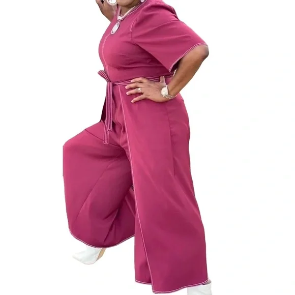 Gibson and Latimer Cranberry Short Sleeved wide leg faux wrap jumper - Picture 3 of 8